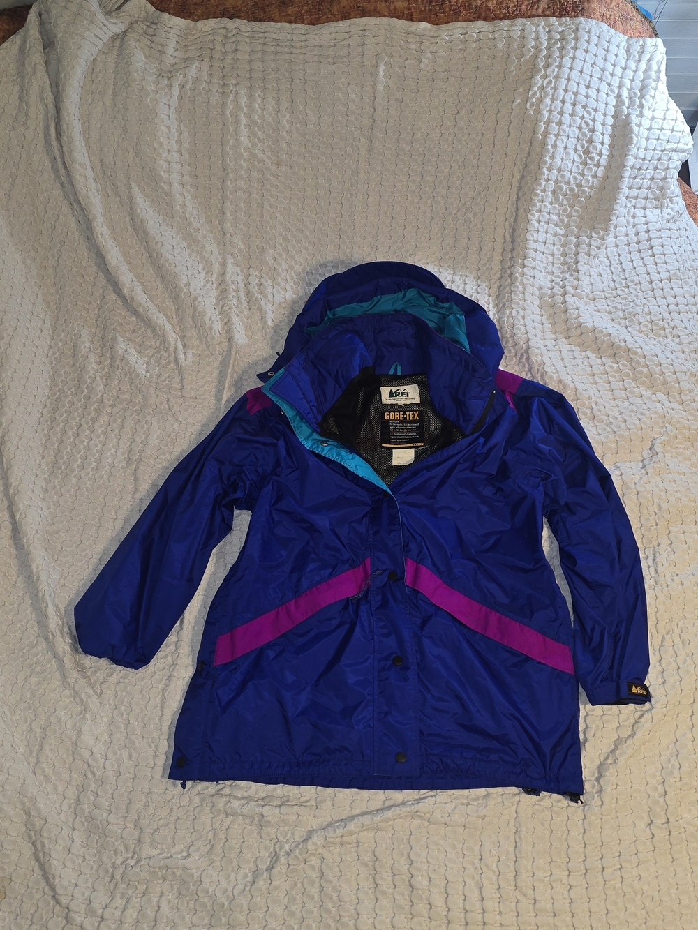 REI Kids' Blue GORE-TEX Waterproof Jacket with Purple Accents